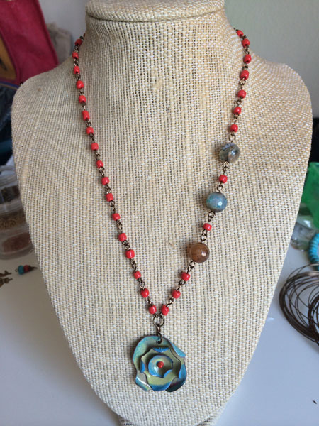 necklace with Jade Scott enameled flower pendant