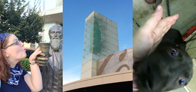 The statues of Coke's founder | A giant, ghostly  Coke bottle | A puppy I made friend with.