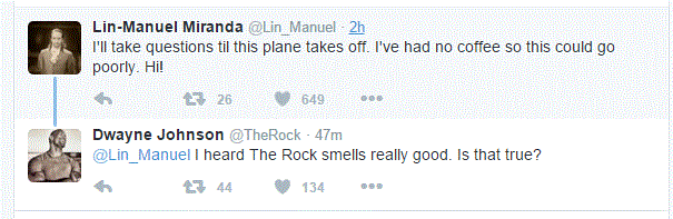 tweet between Lin-Manuel Miranda and Dwayne "The Rock" Johnson.